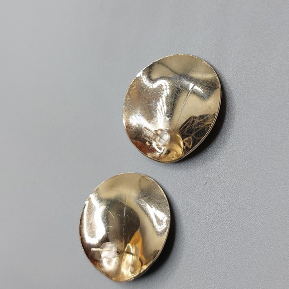 Vintage 90s Modern Art Deco Gold Teal Enamel Coated Round Stud Earrings - Picture 4 of 5